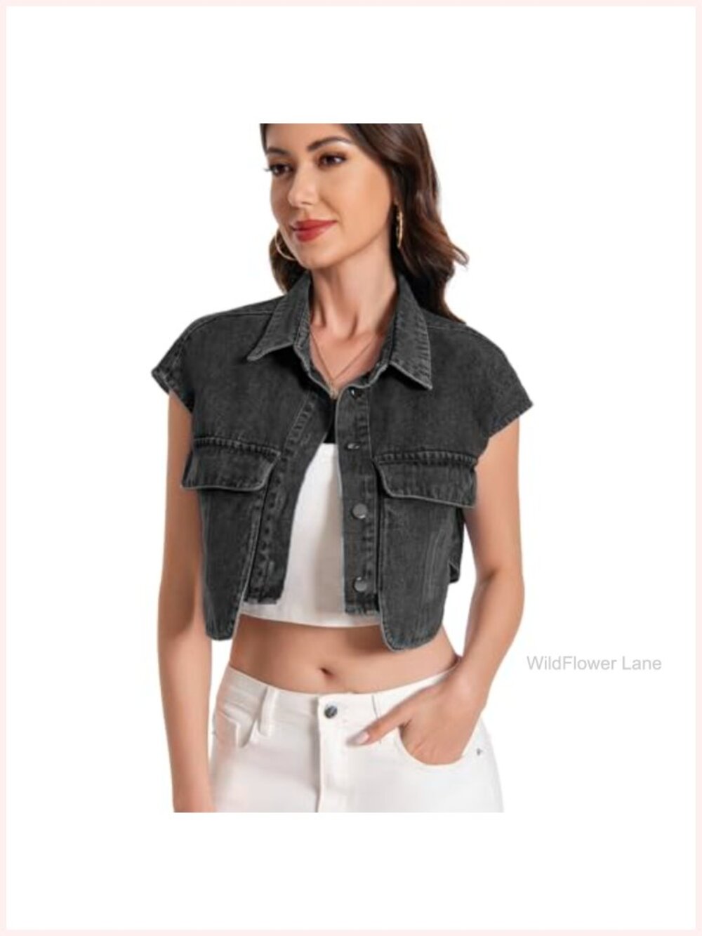 Sleeveless Denim Crop Top Button Front Chest Pockets Casual Y2K
